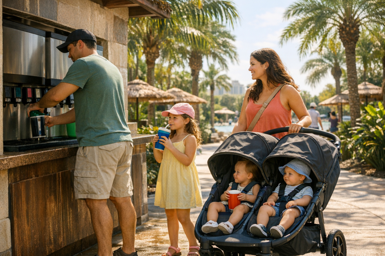 family at a resort drink refill station with a stroller and coffee mugs in the morning