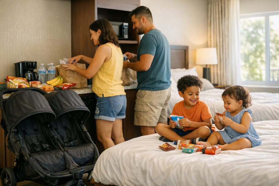 Family organizing groceries and stroller inside a Disney resort hotel room
