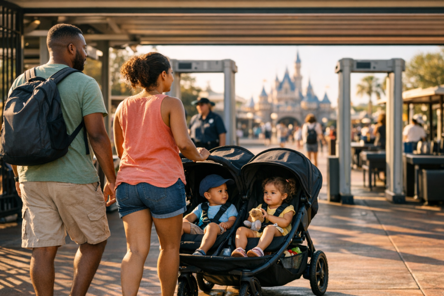 family going through a theme park security checkpoint with a stroller in the morning