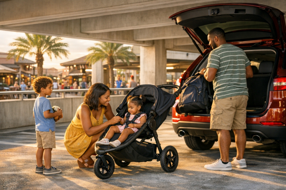 Family navigating a parking garage with a stroller near a shopping and dining district in Orlando