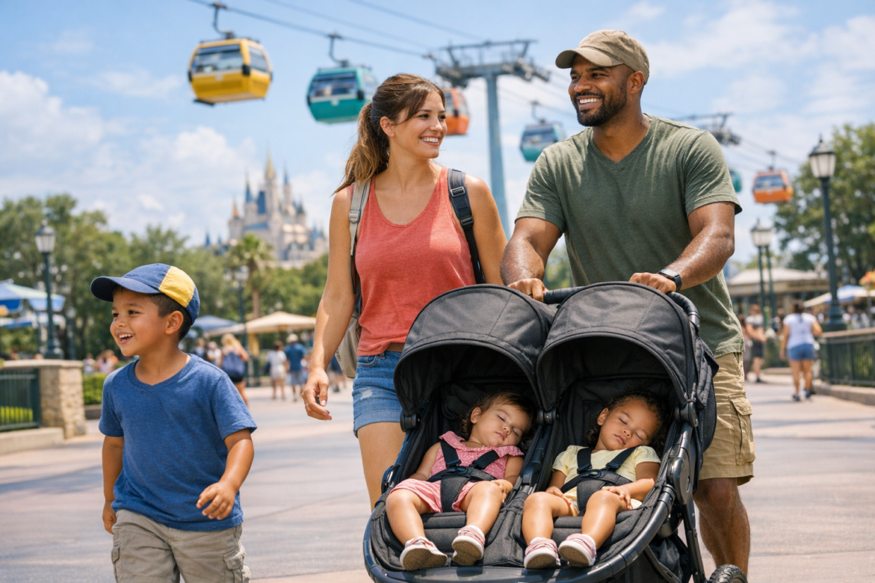 Family using Disney-style gondola transportation with a stroller during a midday park transition