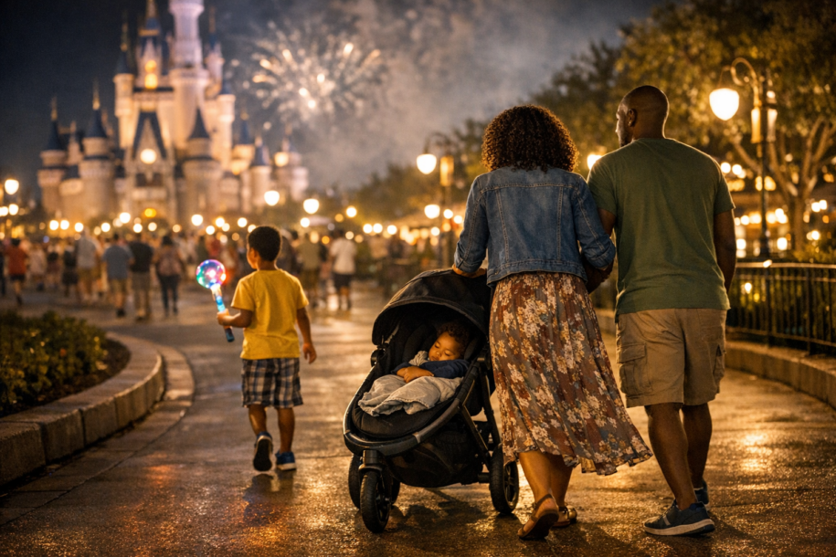 family leaving theme park at night with stroller avoiding crowds