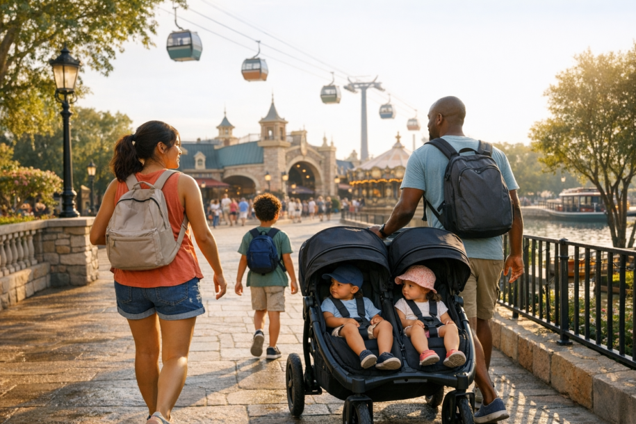 Family walking into EPCOT International Gateway with stroller near Skyliner area