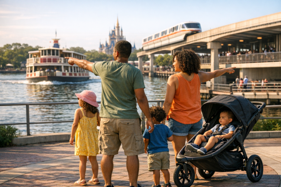 Family choosing between ferryboat and monorail at Magic Kingdom TTC with a stroller