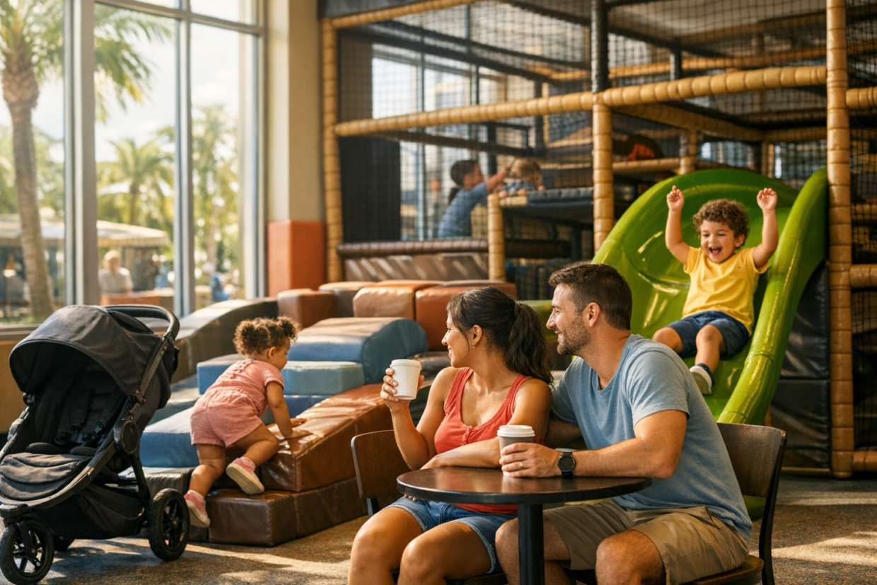 Family with toddlers relaxing at an indoor playground near Orlando during a break from theme parks