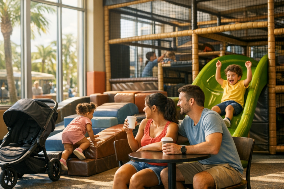Family with toddlers relaxing at an indoor playground near Orlando during a break from theme parks