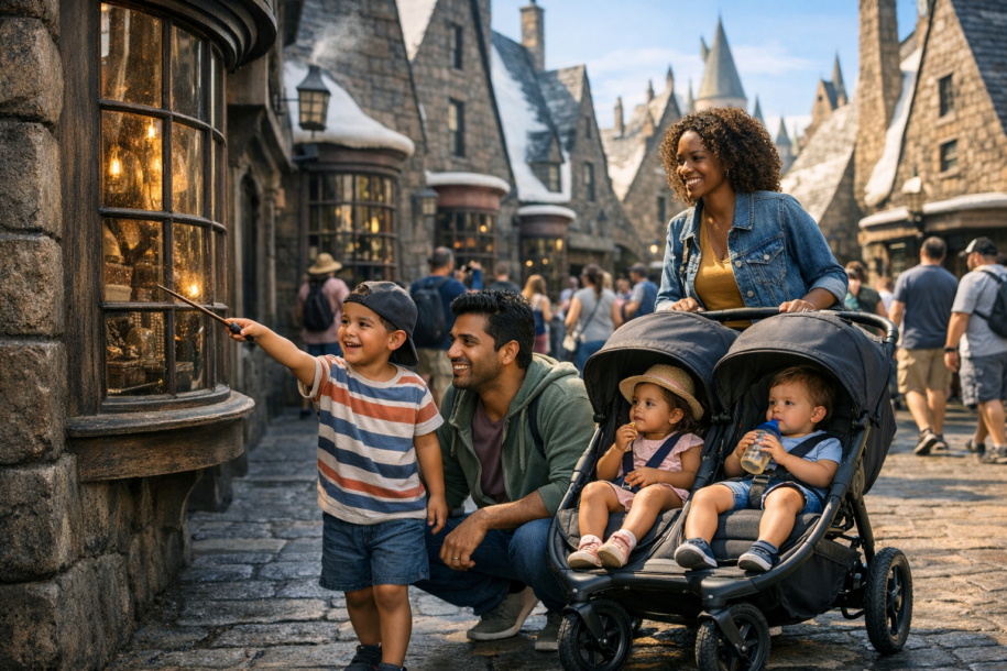family using interactive wand in a themed wizard village area with a stroller parked nearby