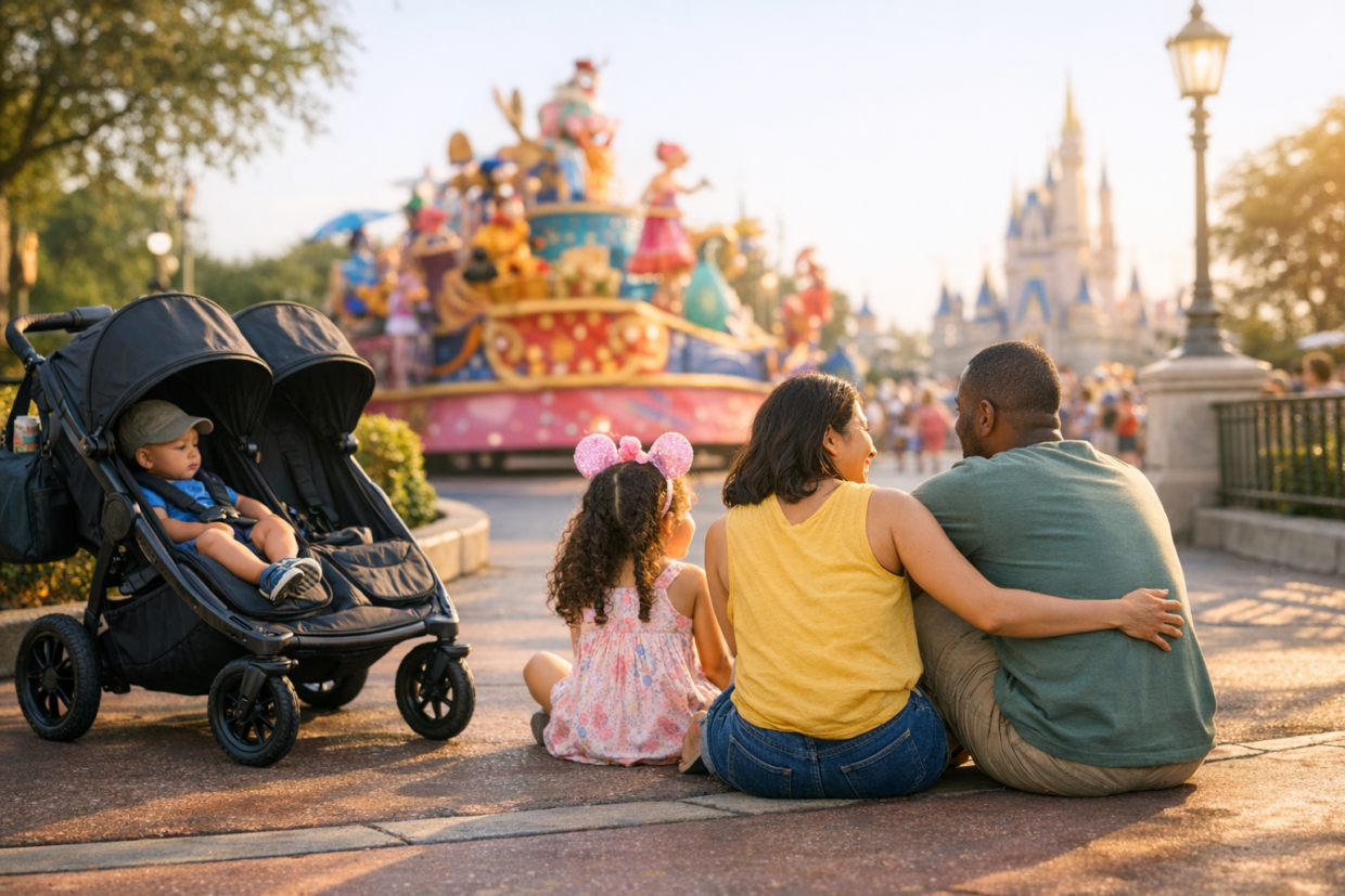 family watching a theme park parade with a stroller from a relaxed viewing area