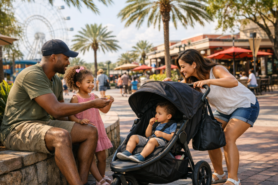 Family taking a shaded stroller break on International Drive in Orlando with young children