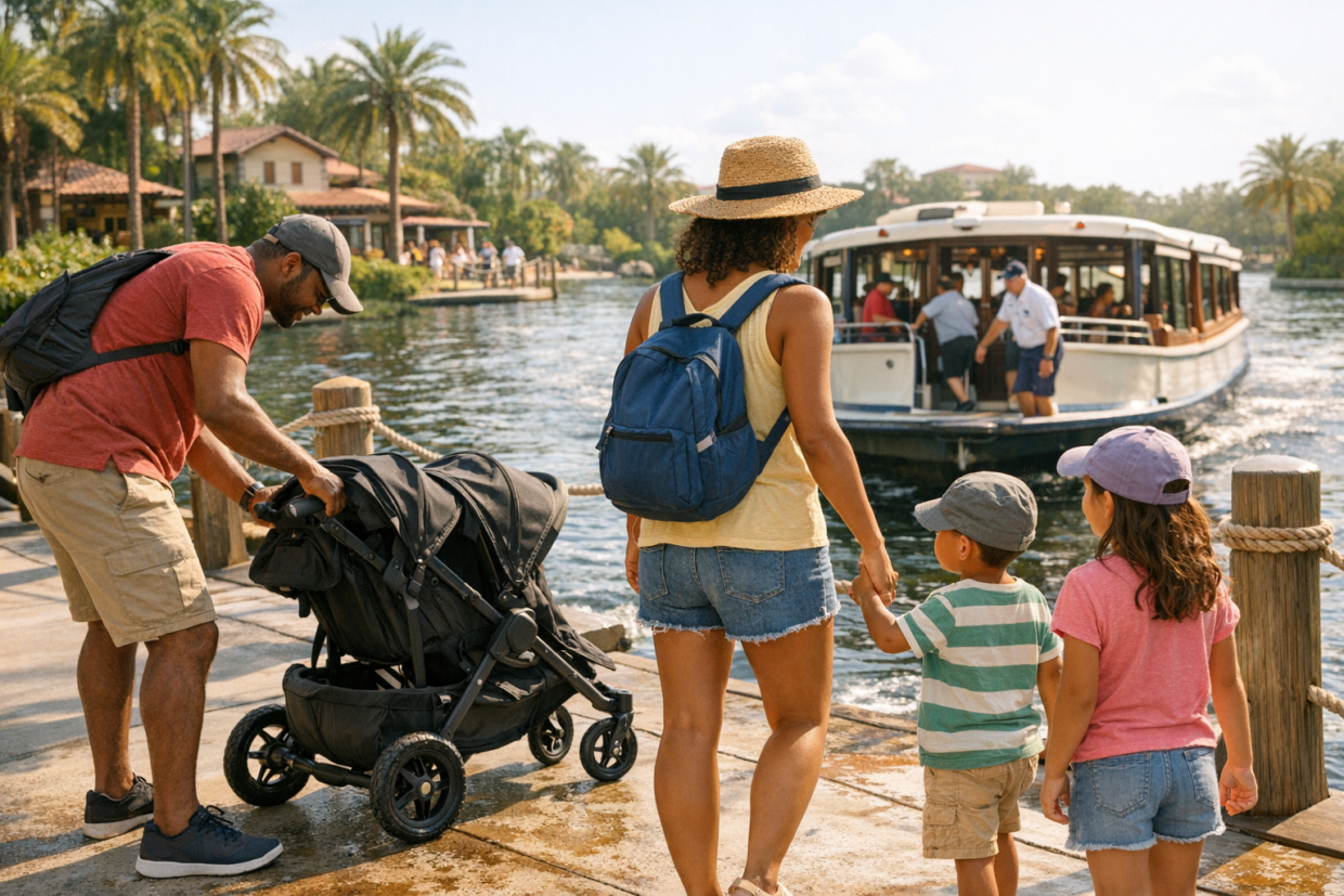 family boarding a resort water taxi in Orlando with a stroller and young children