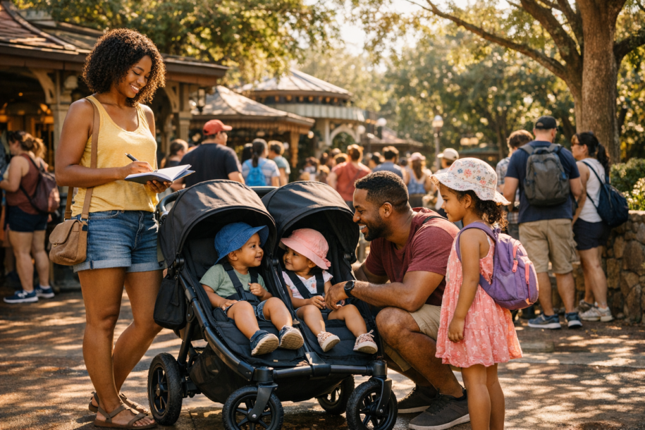 family waiting in line for a character meet at a theme park with a stroller in shaded area