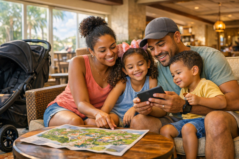 family planning Disney trip together reviewing park app before visiting