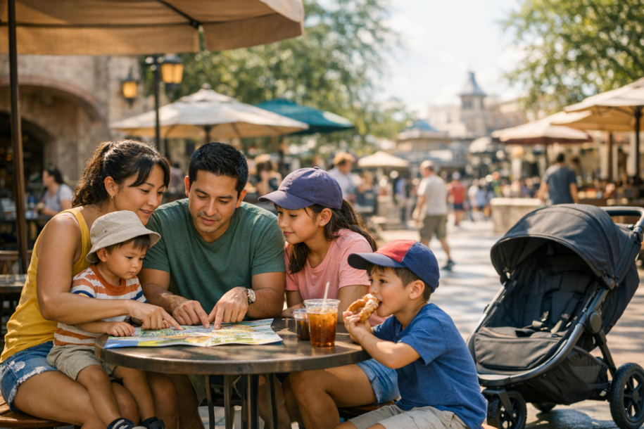 family checking dining reservation plans on phone at a theme park outdoor seating area