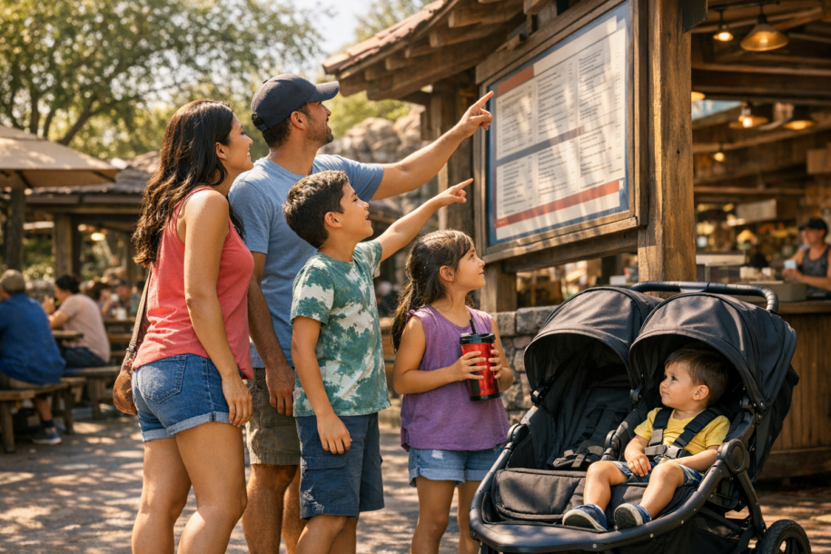 family reviewing food options at a theme park quick service restaurant during a Disney vacation