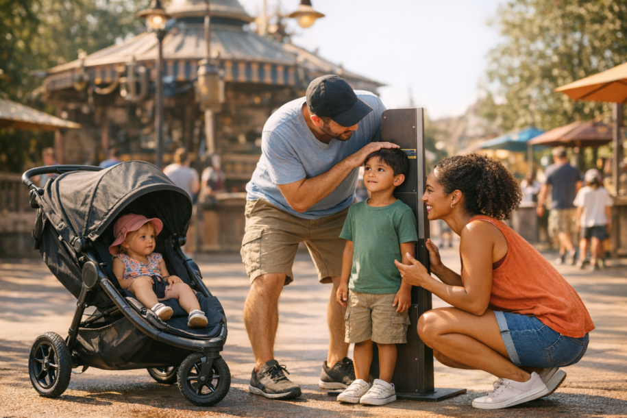 family checking child height at theme park ride entrance with measuring sign