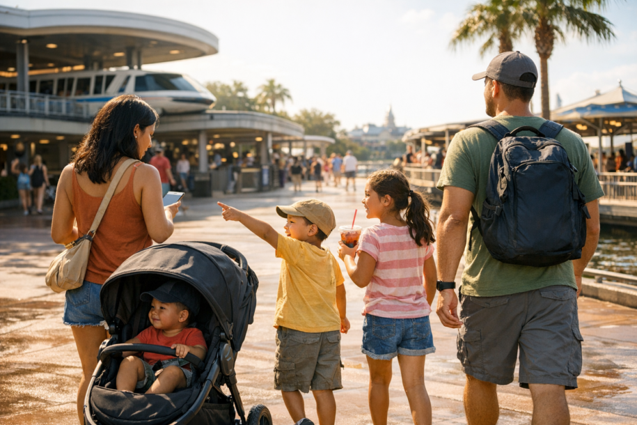 family walking between theme park transportation areas planning their Disney park hopping day