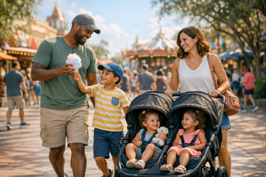 family sharing popcorn snack at theme park walkway during sunny afternoon