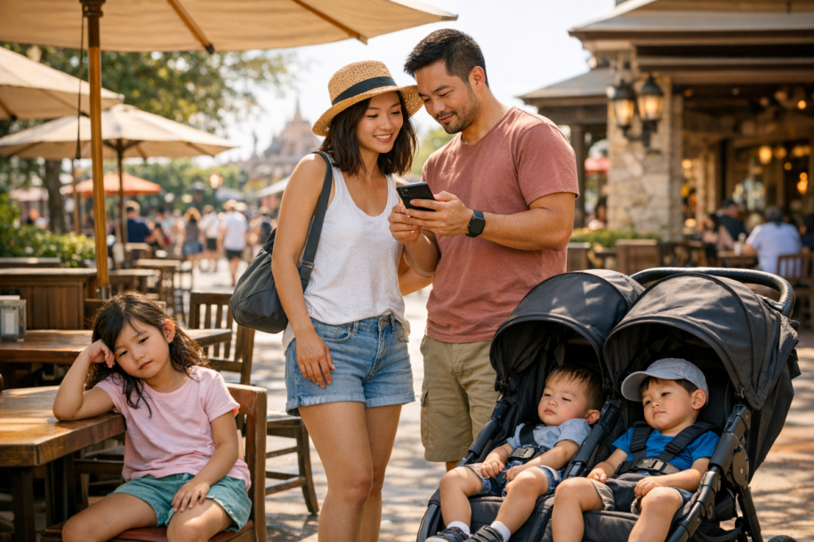 Family checking phone outside a theme park restaurant while deciding on walk-up waitlist dining