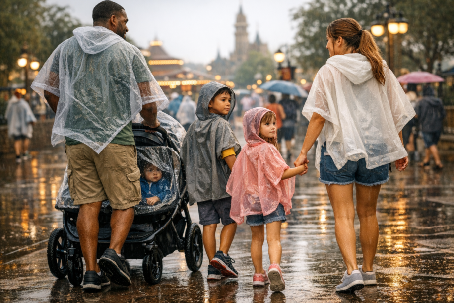 Family walking through a Disney park walkway during a light summer rain with ponchos and stroller
