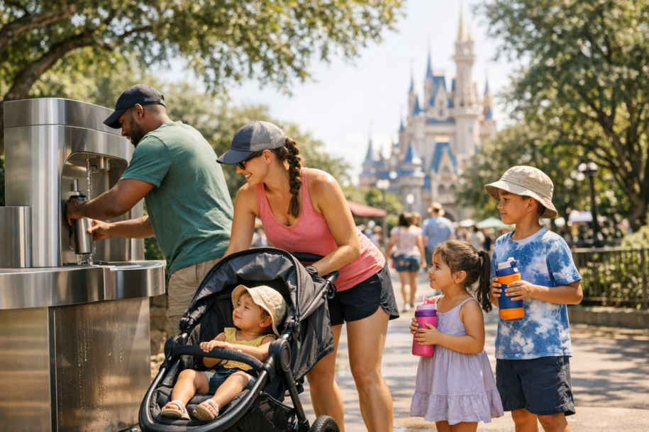 Family refilling water bottles at a theme park water station on a hot day