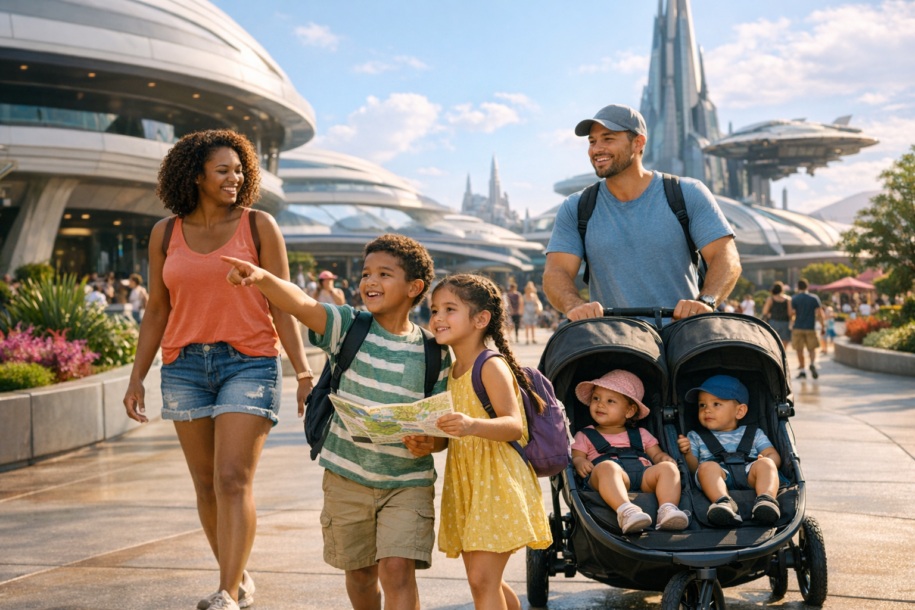 Family walking through a modern theme park area with a map and planning their day at a new Orlando park