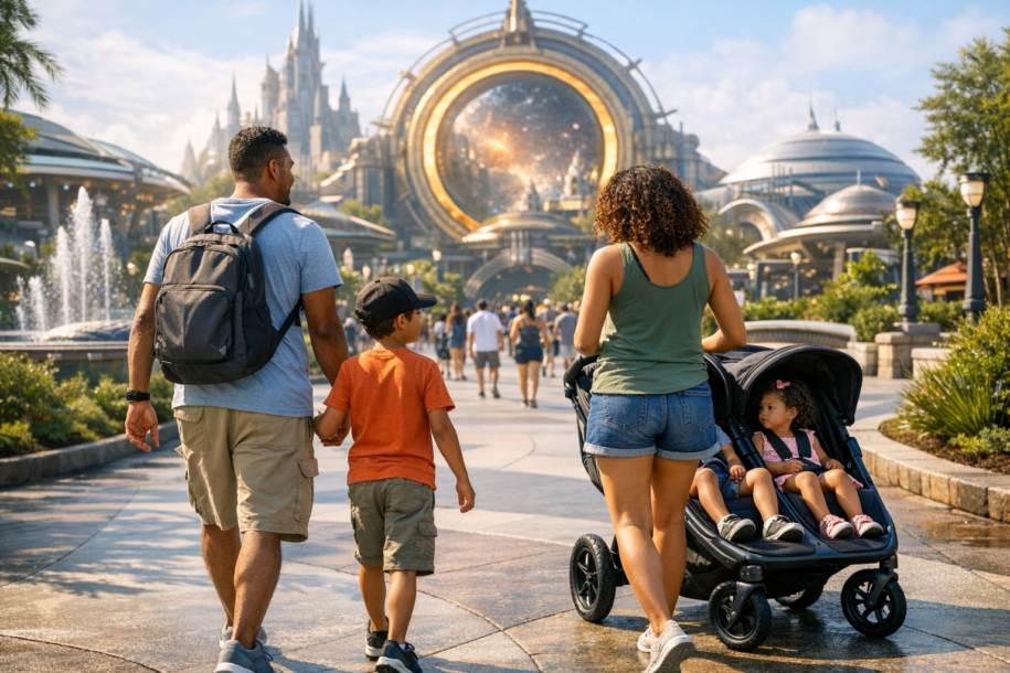 family walking through a large theme park entrance with young children and bright morning light