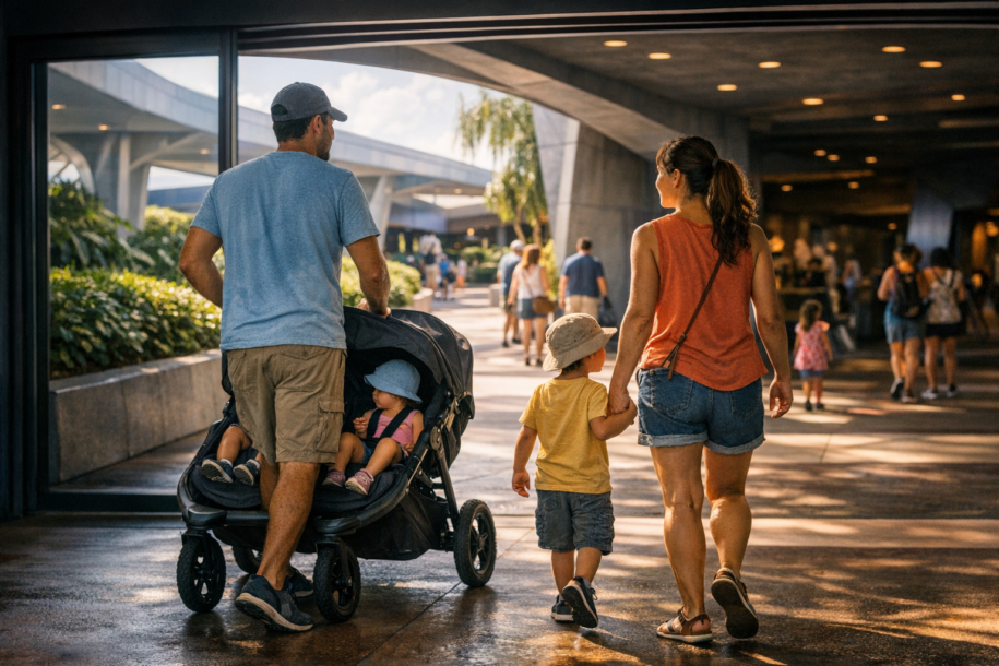 family walking into a shaded EPCOT pavilion with young children to cool off during a hot day