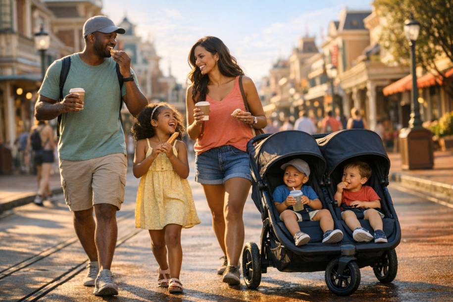 family walking through a theme park in the morning holding breakfast and coffee