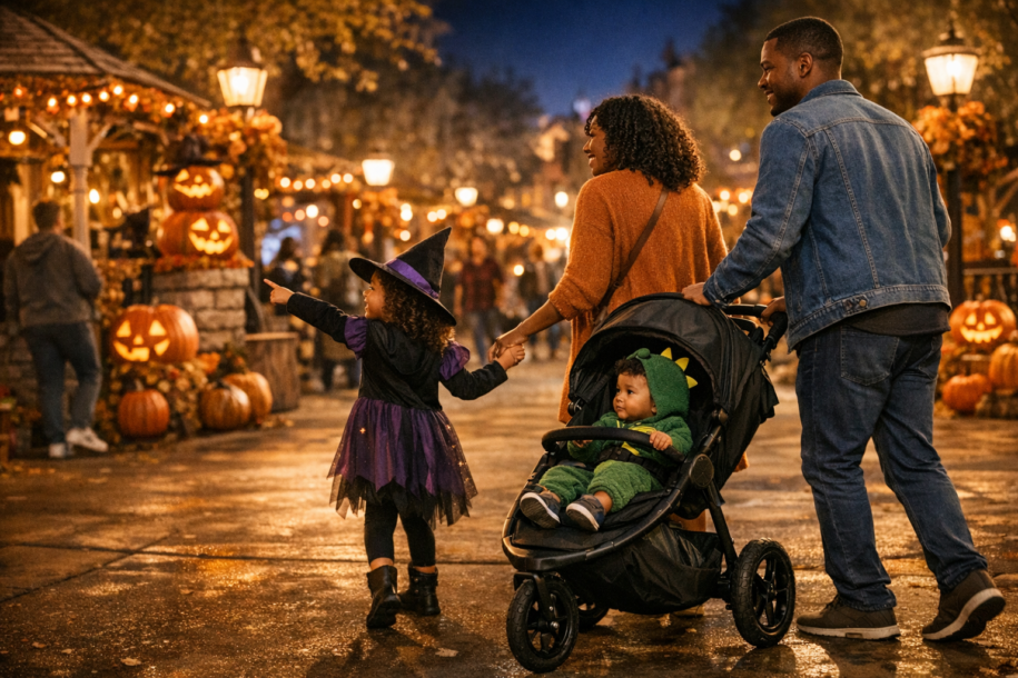 Family with two young children in Halloween outfits walking through a festive theme park street at night