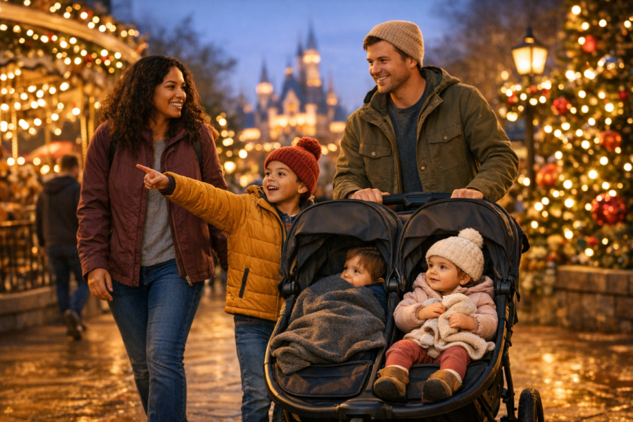 family walking through a festive theme park at night with holiday lights and decorations