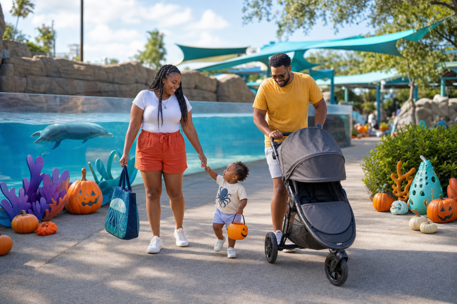 Young family in light Halloween costumes walking through a cheerful ocean-themed fall festival at an Orlando marine park
