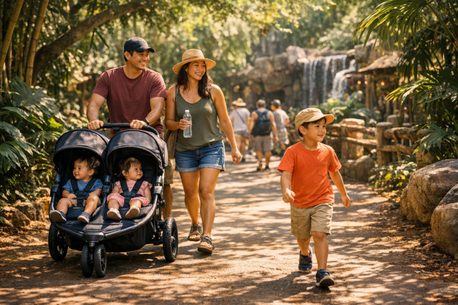 family walking through shaded path at a lush theme park with a stroller on a sunny day