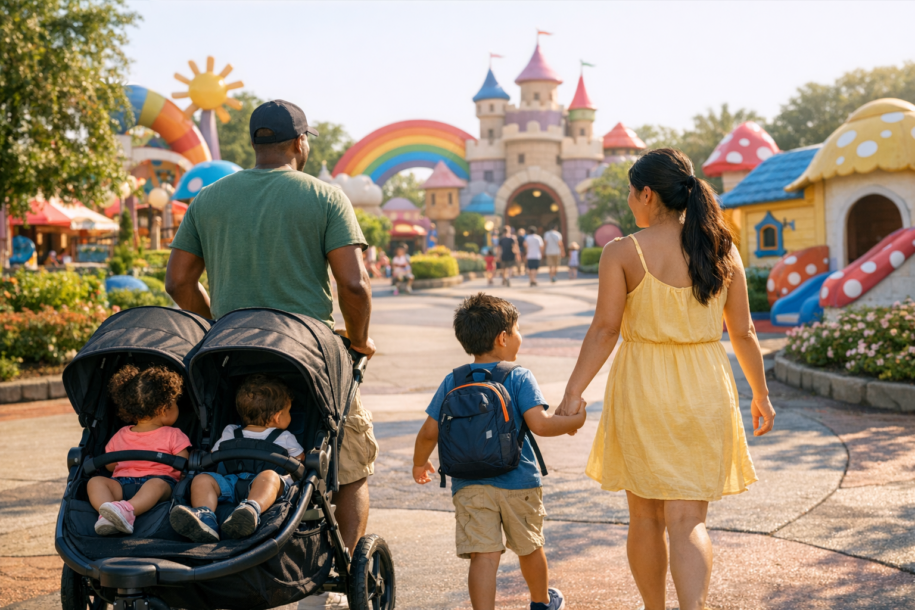 Family with young children arriving at a colorful kid-focused theme park entrance in Orlando