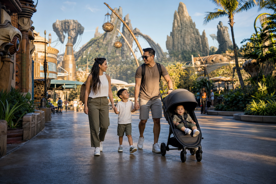 Family with young children walking through a bright, imaginative Orlando theme park promenade on a sunny morning