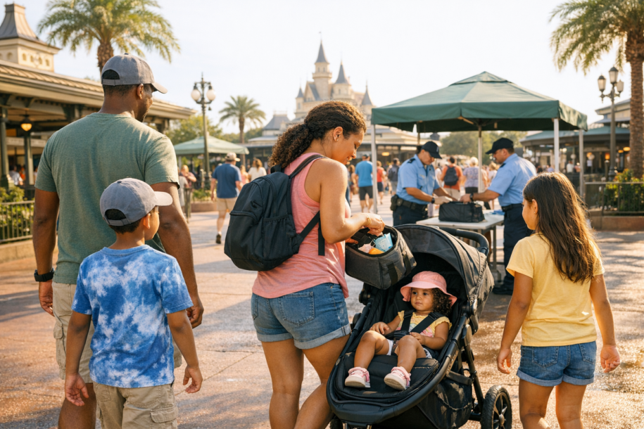 family entering a theme park with snacks and water bottles in a backpack on a sunny day