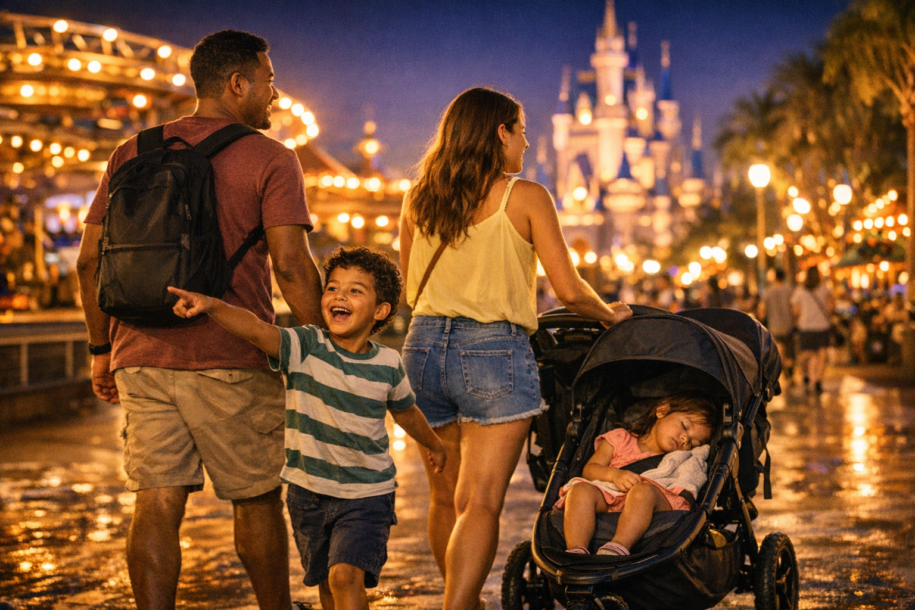 family walking through a theme park at night with lights and attractions in the background