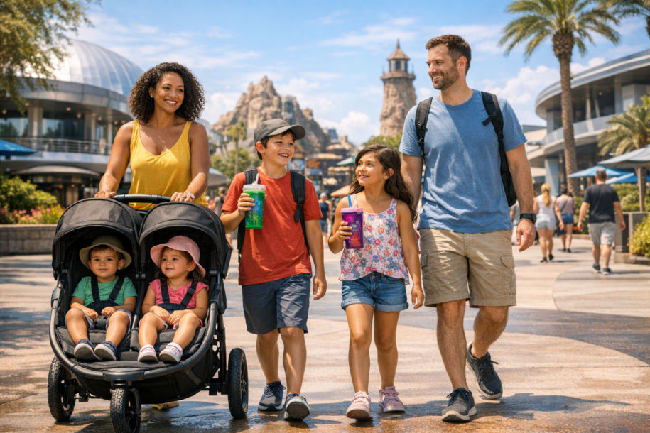 Family walking through a Universal Orlando park with refillable drink cups on a sunny day