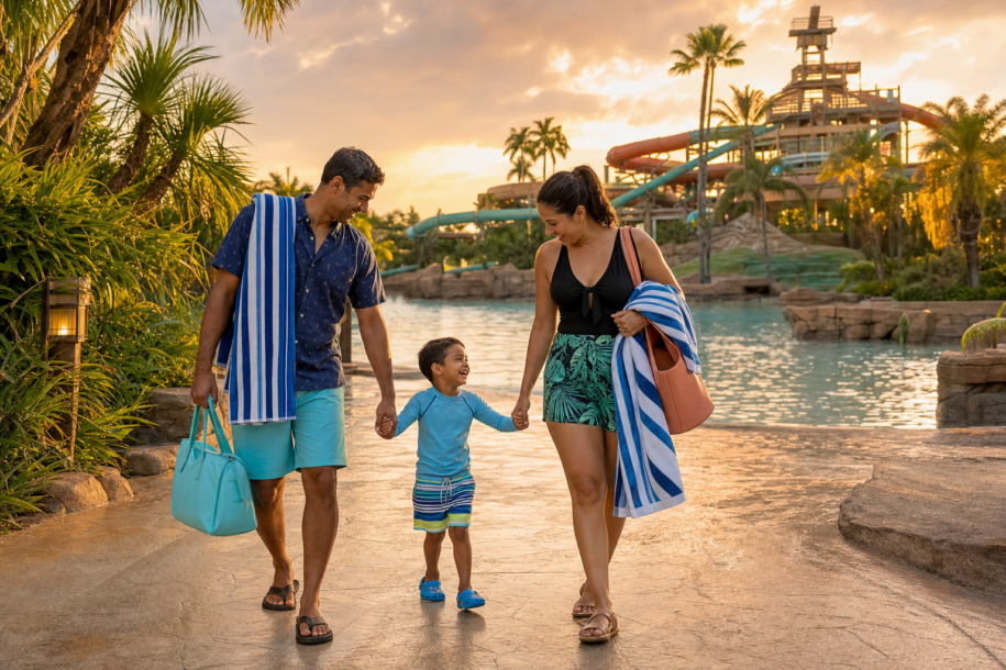 Family with a young child enjoying a tropical Orlando water park at sunset with glowing water slides in the background