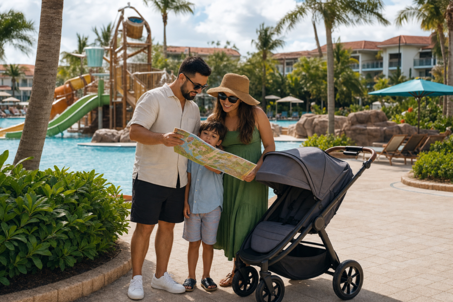 Family with young children planning a Central Florida water-park day beside a tropical resort pool