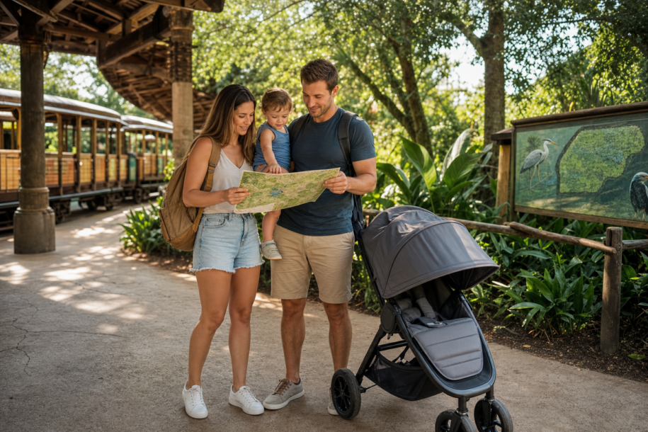 Family with a toddler waiting near a shaded wildlife conservation train station at a Florida theme park
