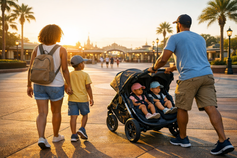 Família entrando cedo na Universal Orlando com carrinho de criança