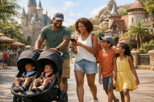 Família usando carrinho de criança na Disney World enquanto planeja o Lightning Lane