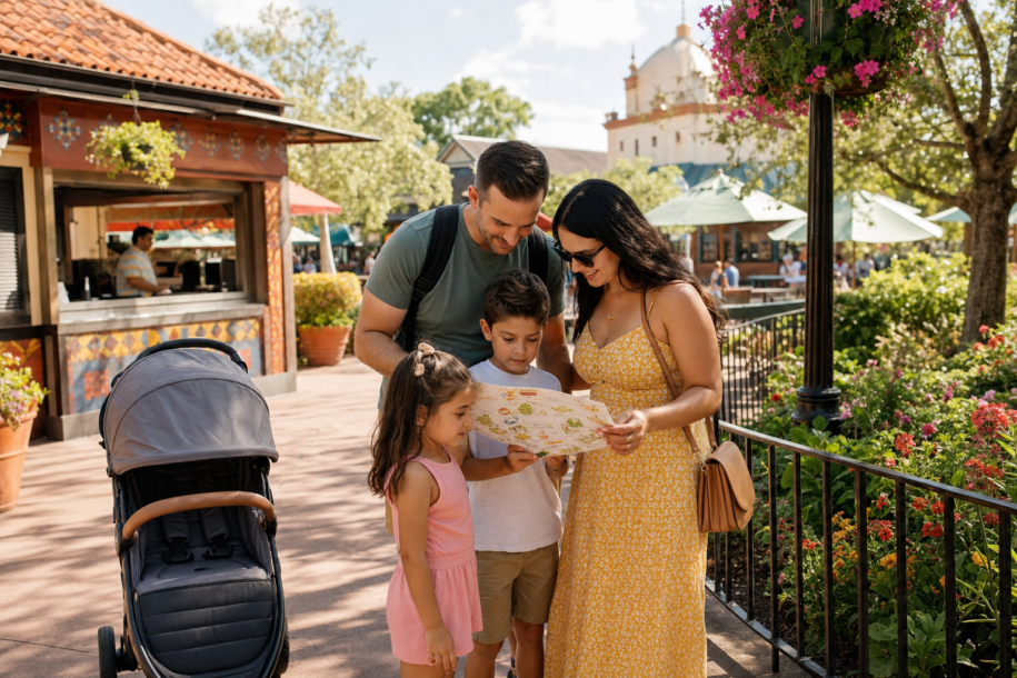 Parent and toddler using a paper scavenger-hunt map near colorful international food kiosks at a family-friendly theme park