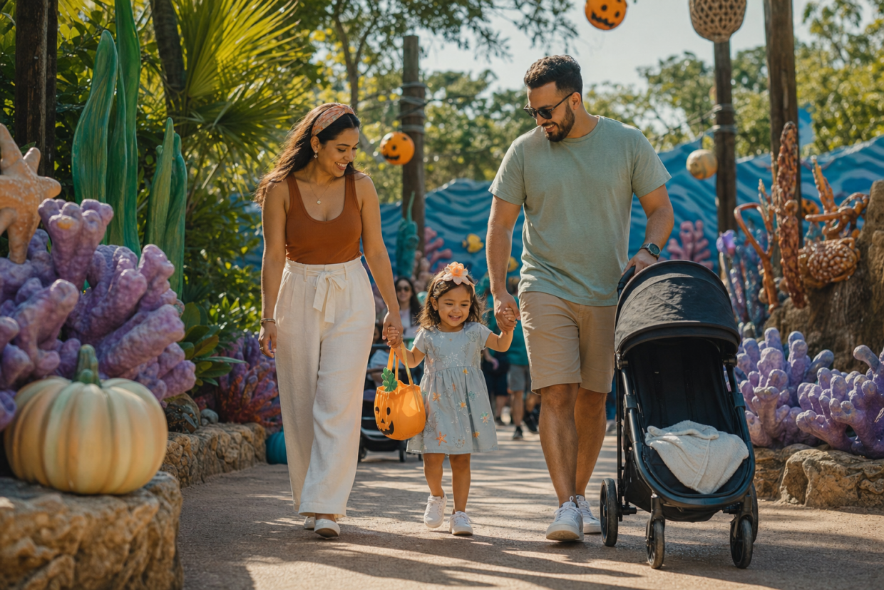 Young family enjoying a cheerful ocean-themed Halloween park trail in Orlando