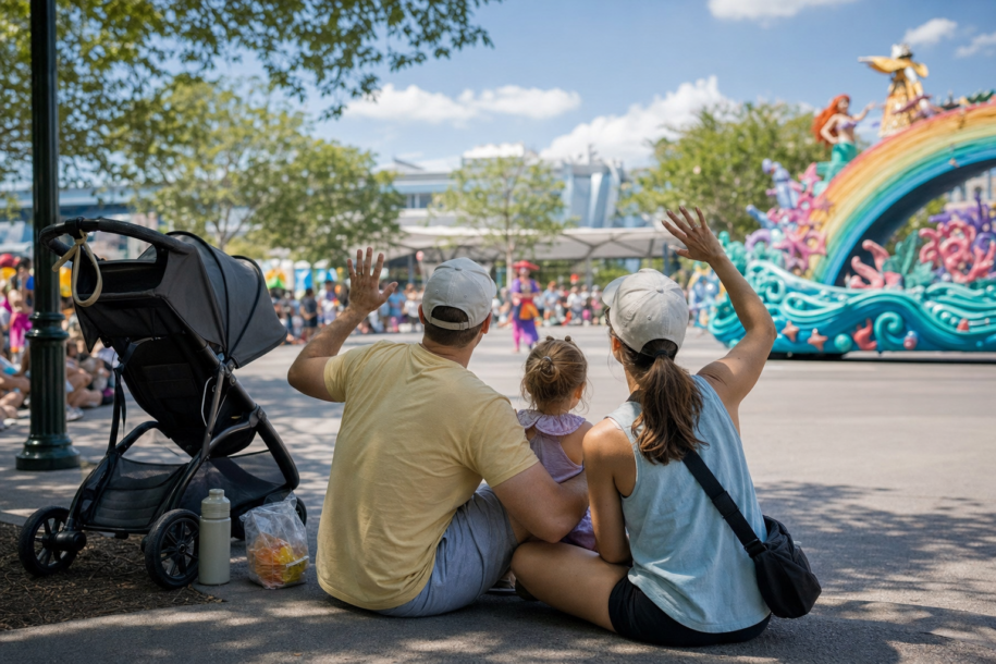 Family with a toddler watching a colorful movie-themed daytime parade from a shaded curbside area at an Orlando theme park