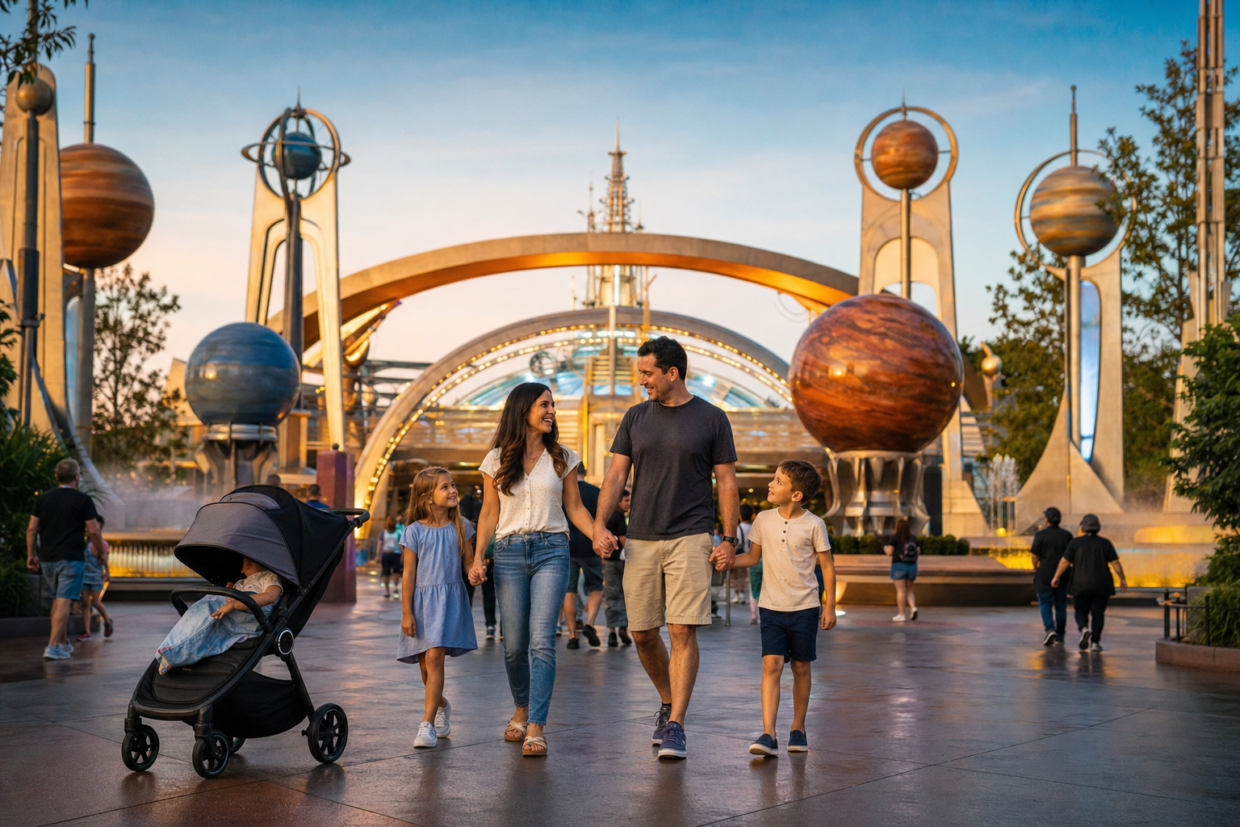 Family with young children walking through a glowing fantasy-themed park entrance at night in Orlando