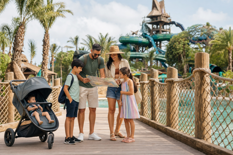 Family reviewing an Orlando vacation itinerary beside a tropical water park entrance