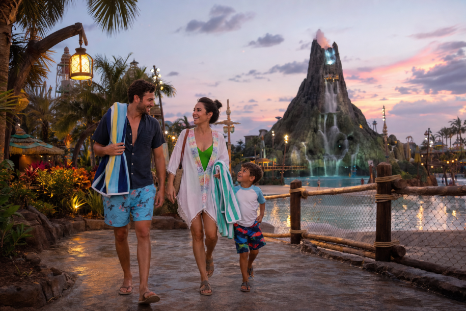 Family walking beside a tropical lagoon at an Orlando water park after sunset