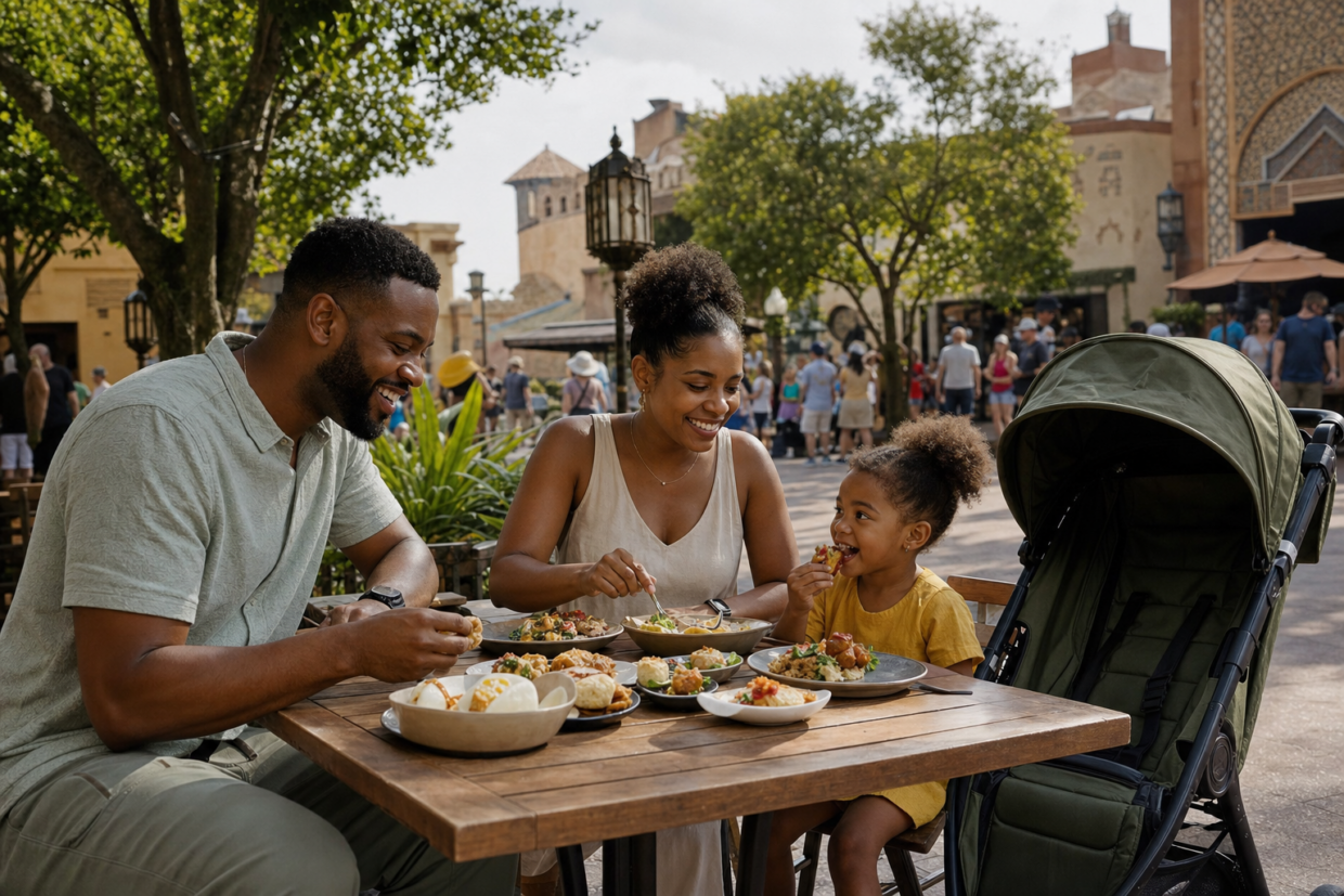 Family with a young child enjoying small plates at an outdoor Central Florida food festival marketplace