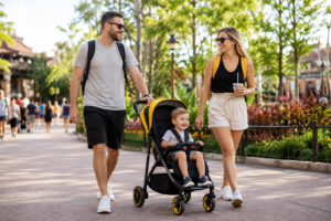 Family using a rental stroller during an Orlando theme park day